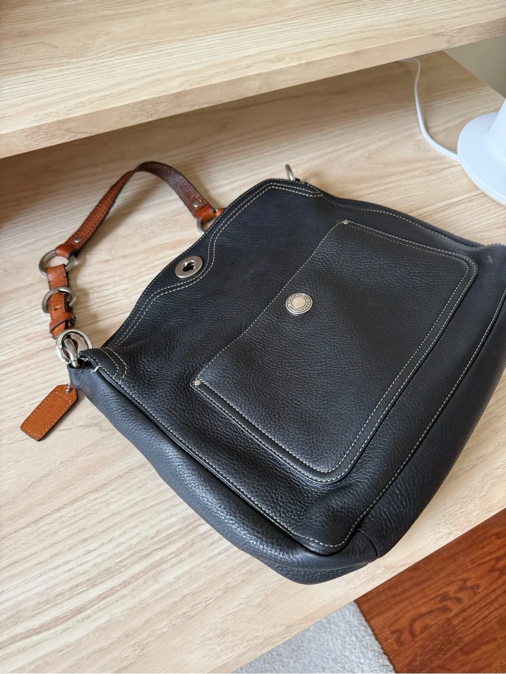 Coach Black Pebbled Leather Shoulder Bag with Brown Strap Accents